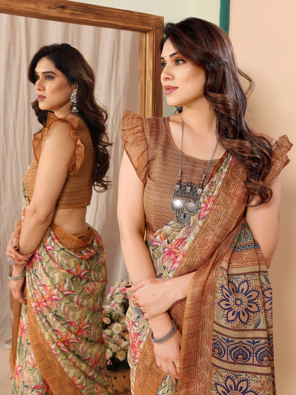 SHYAMIKA Kota Doriya Flower Printed Saree with Blouse