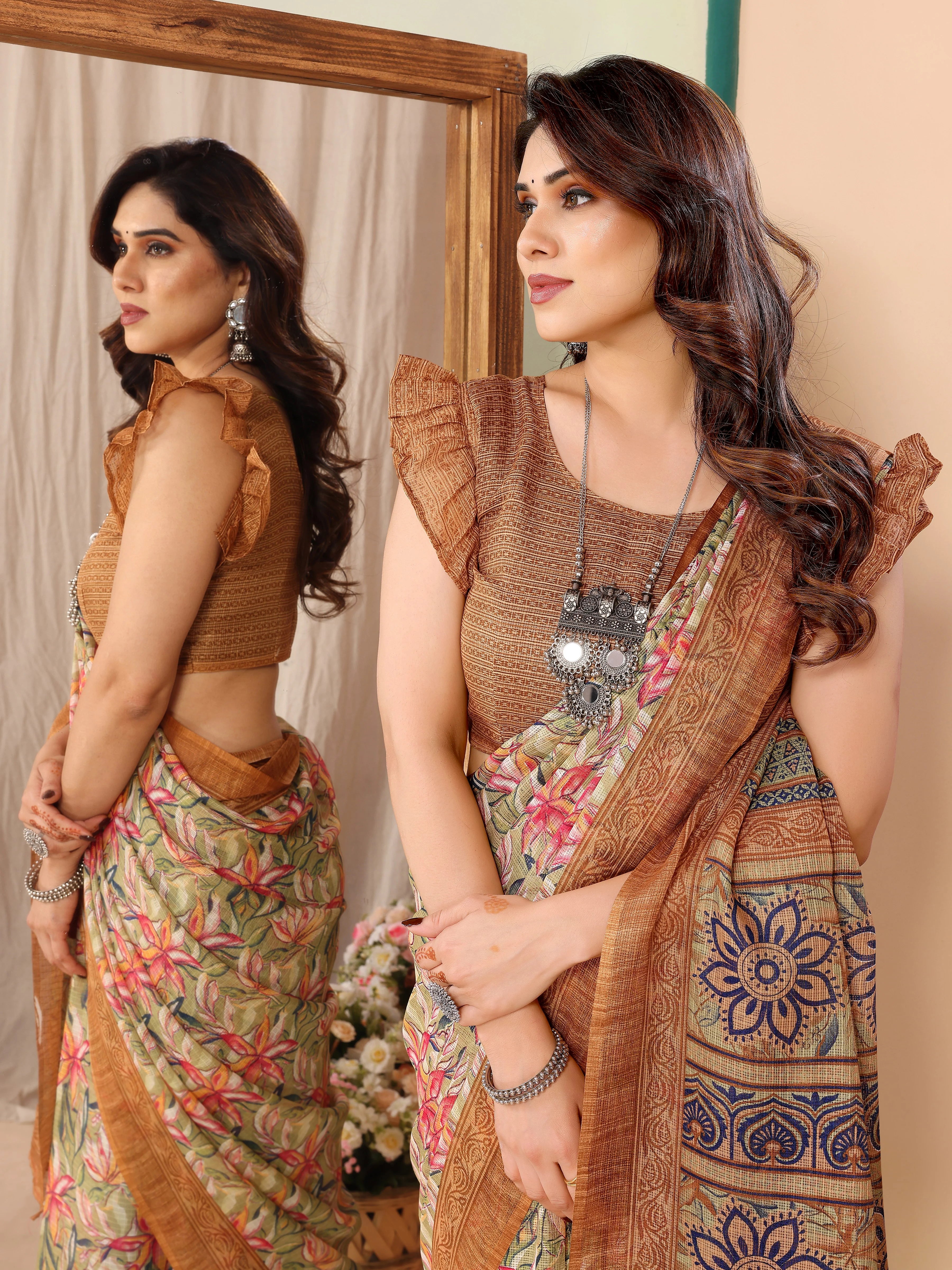 SHYAMIKA Kota Doriya Flower Printed Saree with Blouse