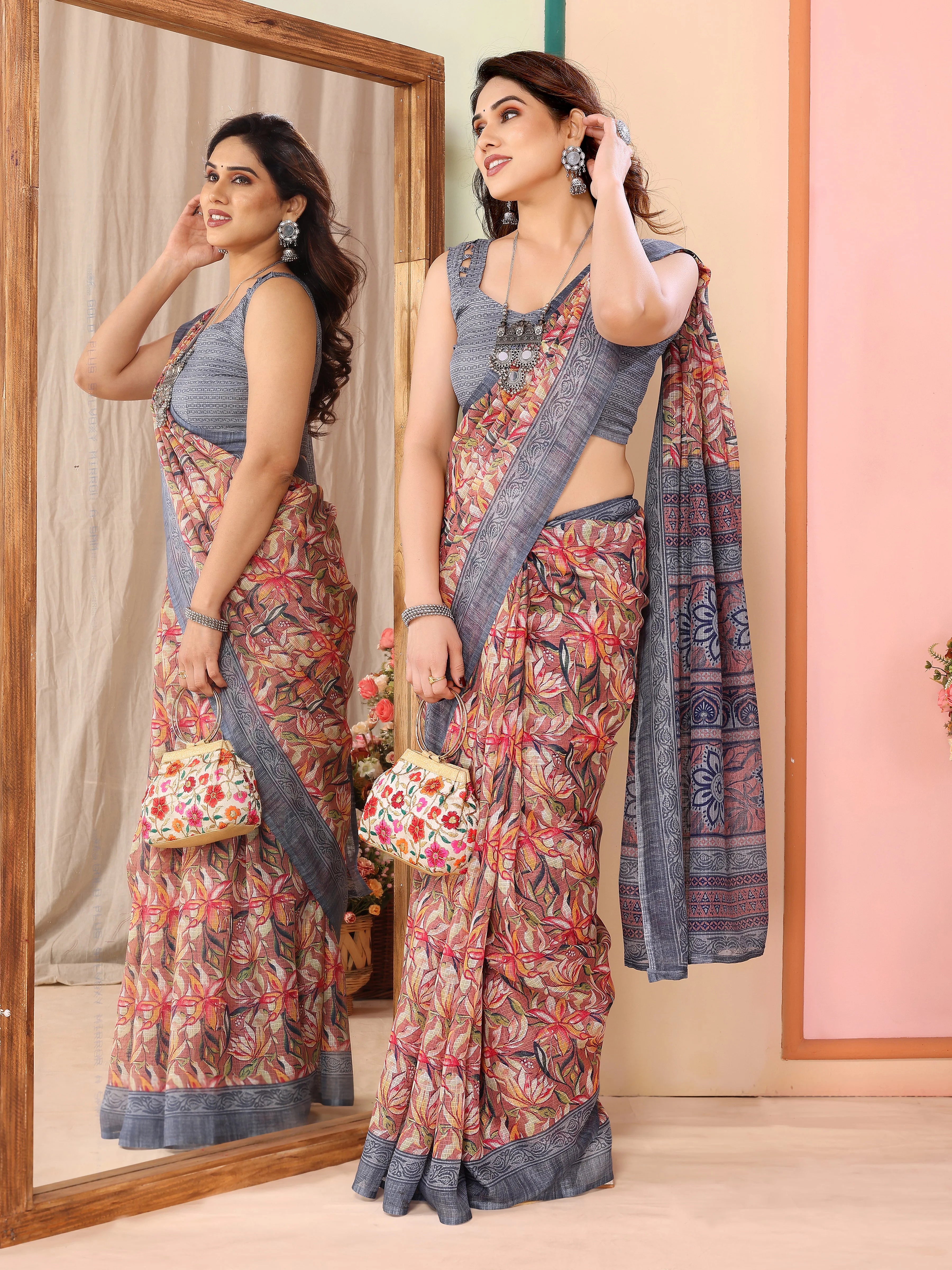 SHYAMIKA Kota Doriya Flower Printed Saree with Blouse