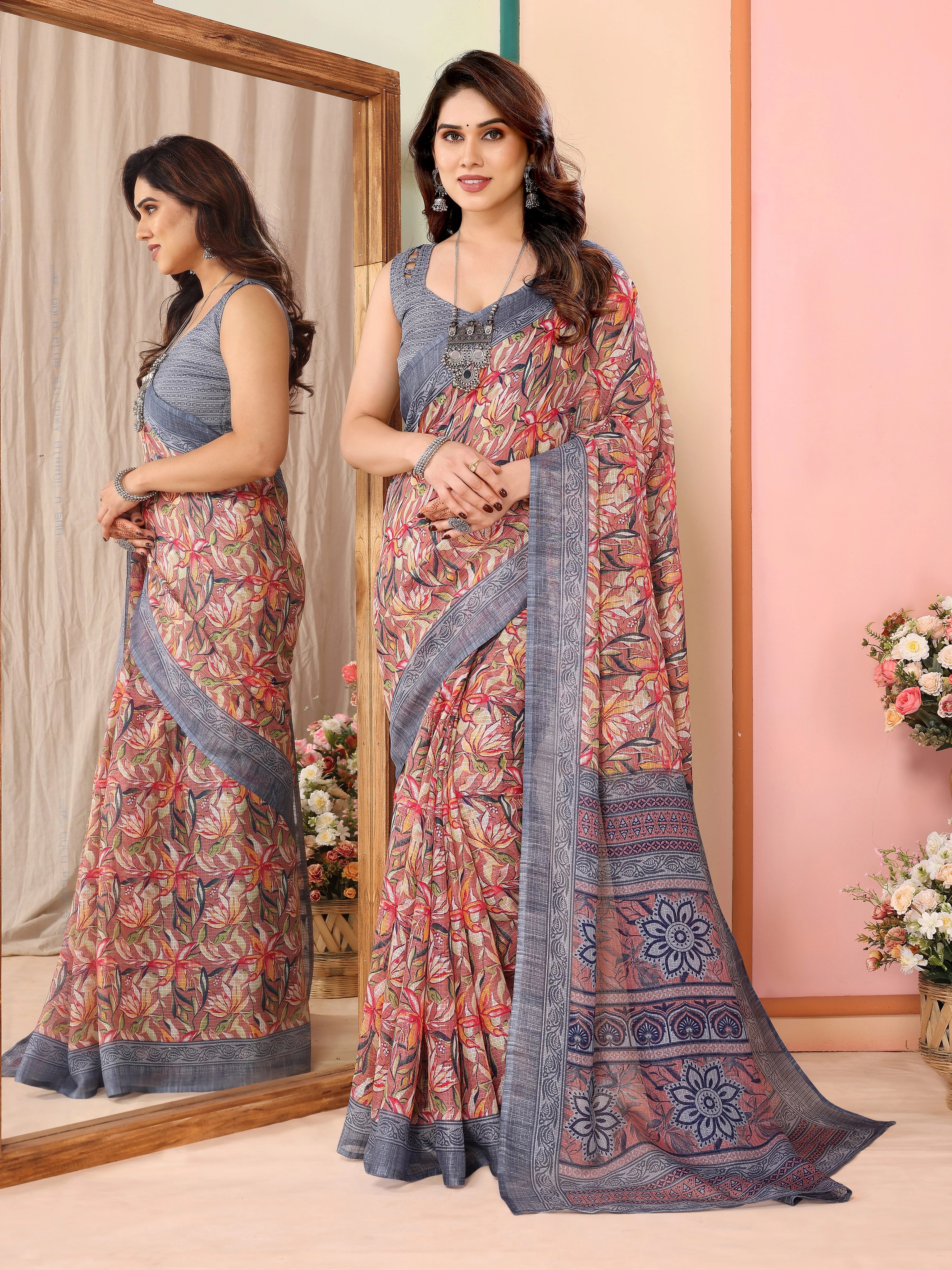 SHYAMIKA Kota Doriya Flower Printed Saree with Blouse