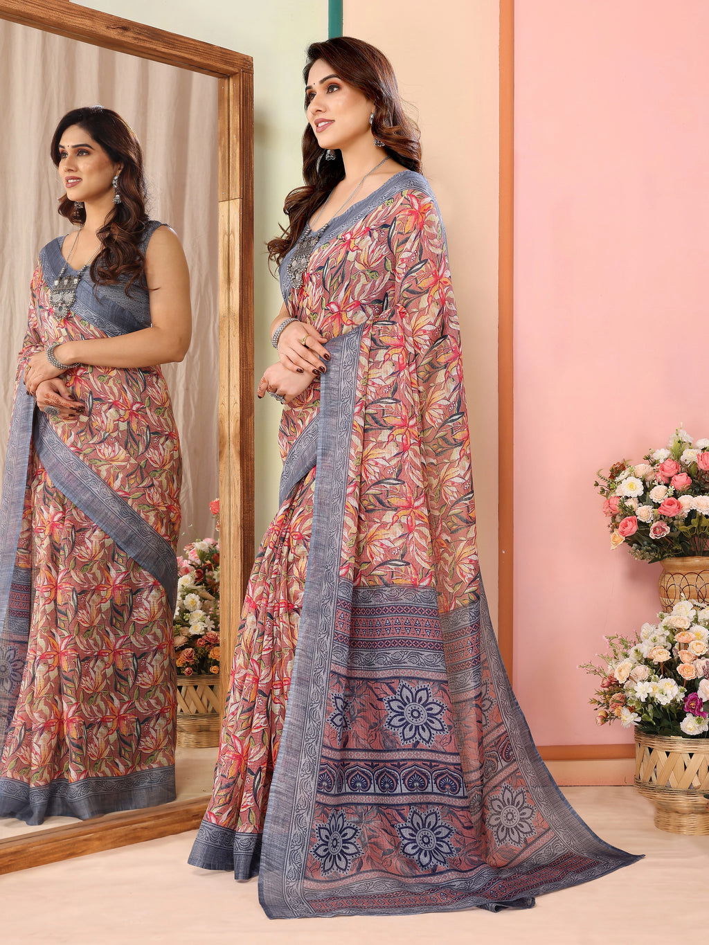 SHYAMIKA Kota Doriya Flower Printed Saree with Blouse