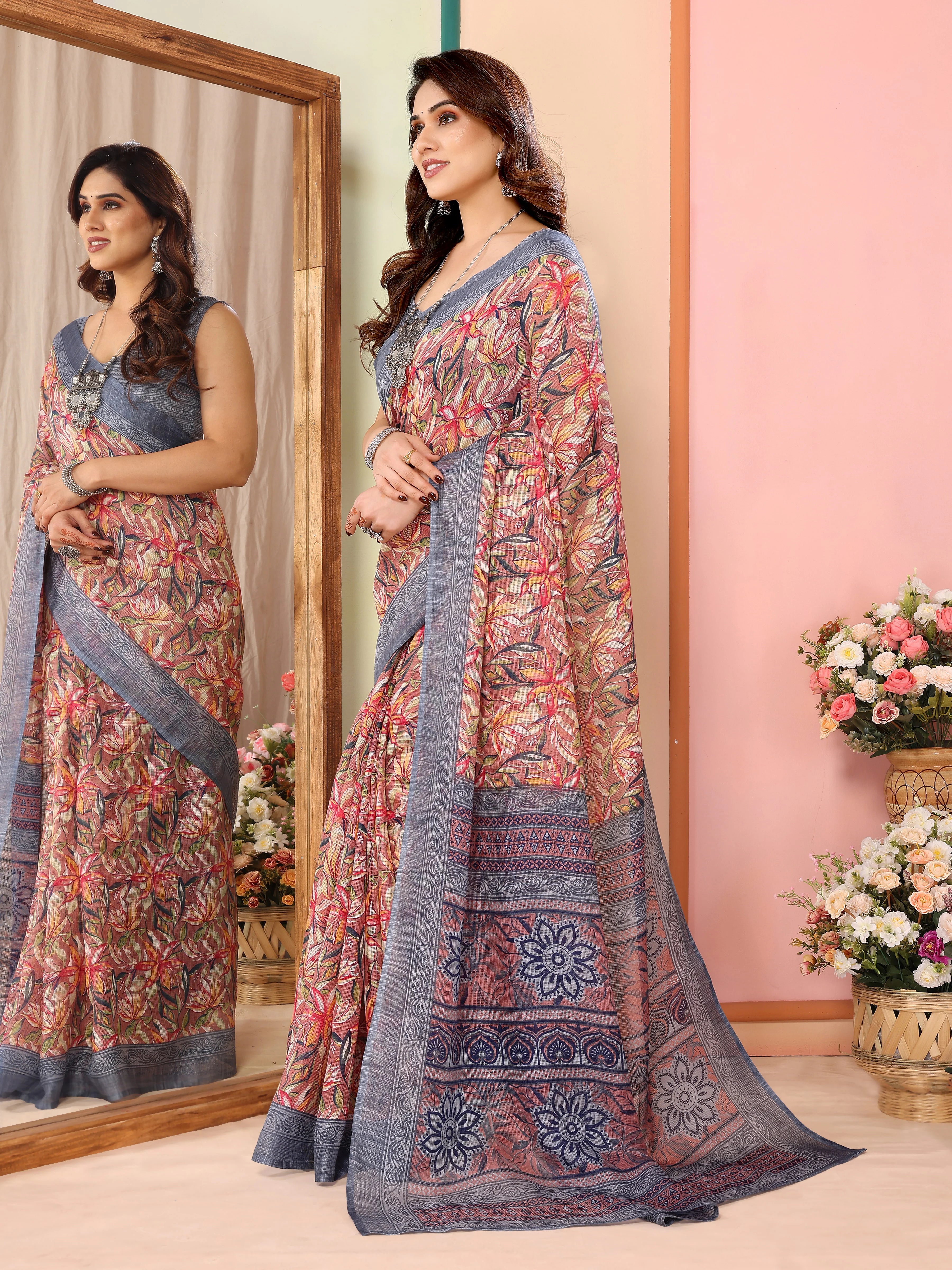 SHYAMIKA Kota Doriya Flower Printed Saree with Blouse