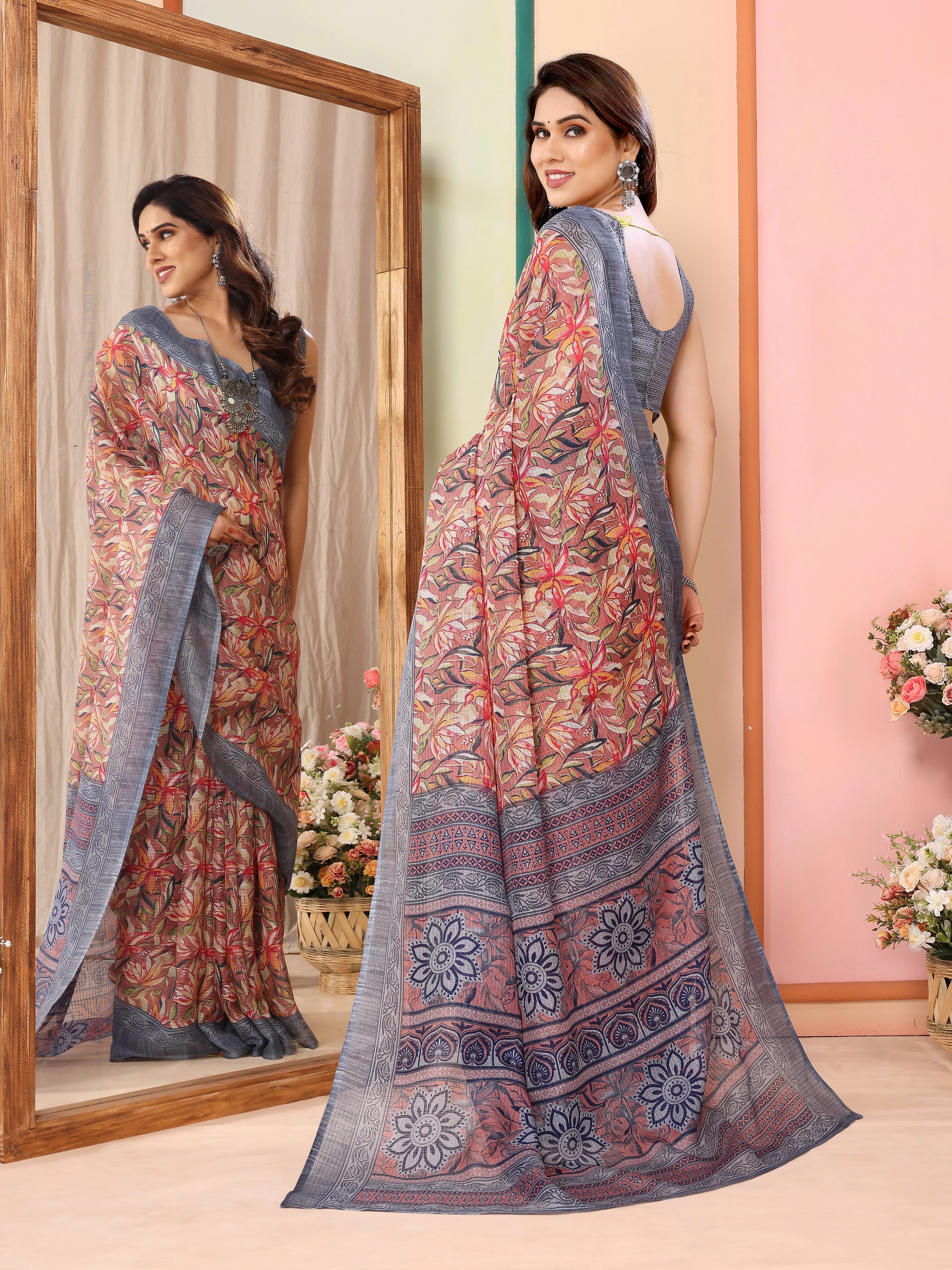 SHYAMIKA Kota Doriya Flower Printed Saree with Blouse