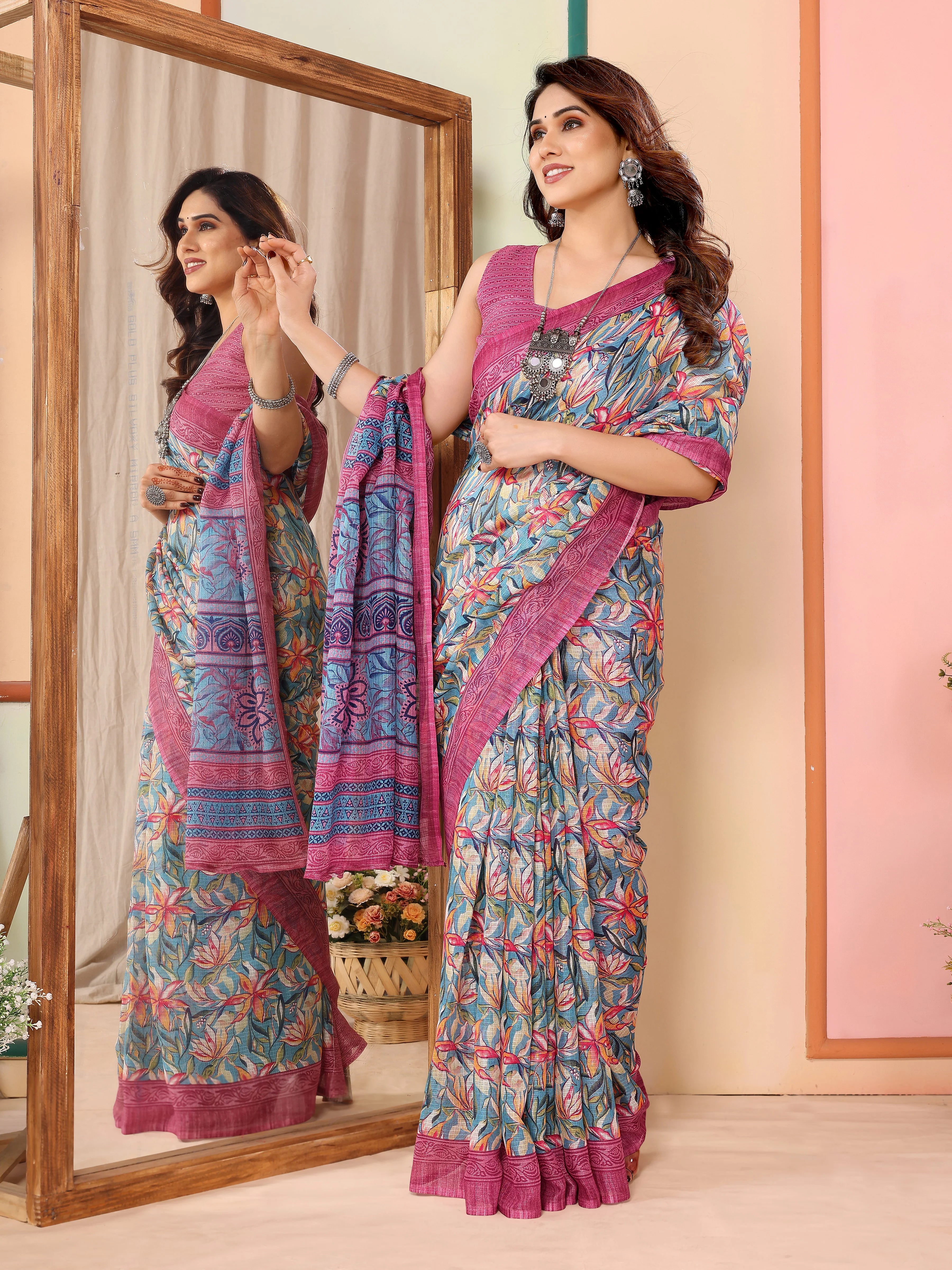 SHYAMIKA Kota Doriya Flower Printed Saree with Blouse