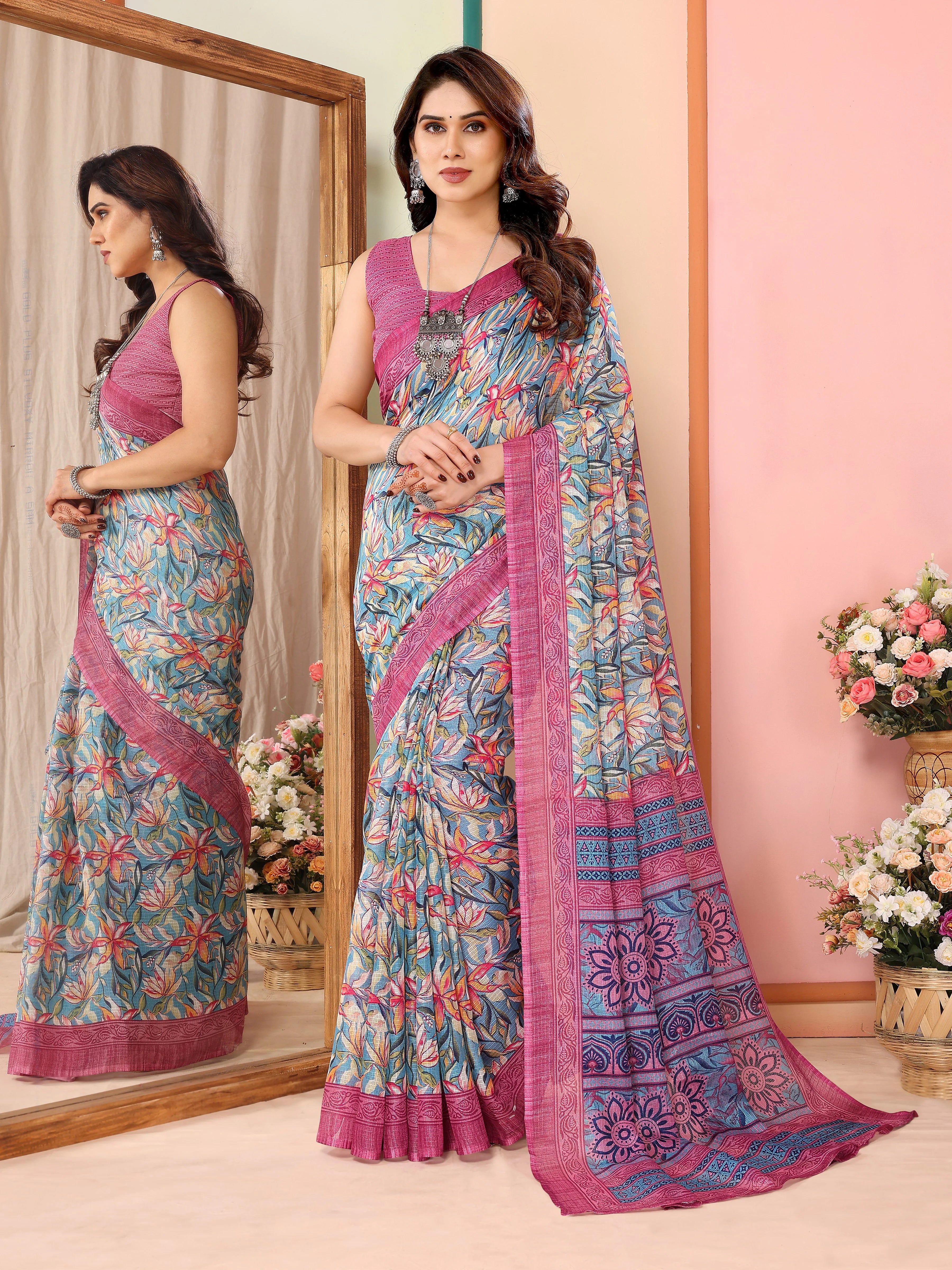 SHYAMIKA Kota Doriya Flower Printed Saree with Blouse