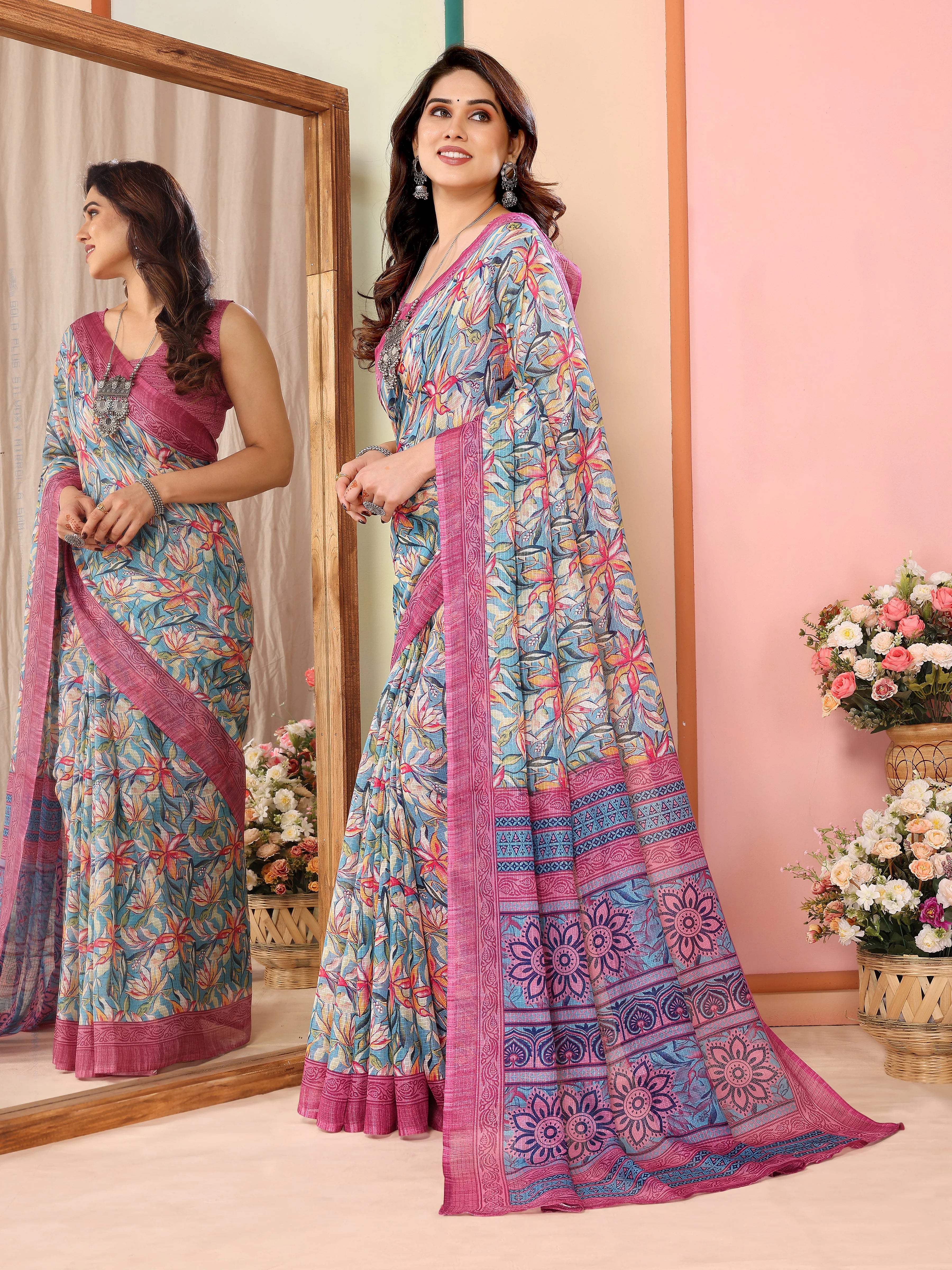 SHYAMIKA Kota Doriya Flower Printed Saree with Blouse