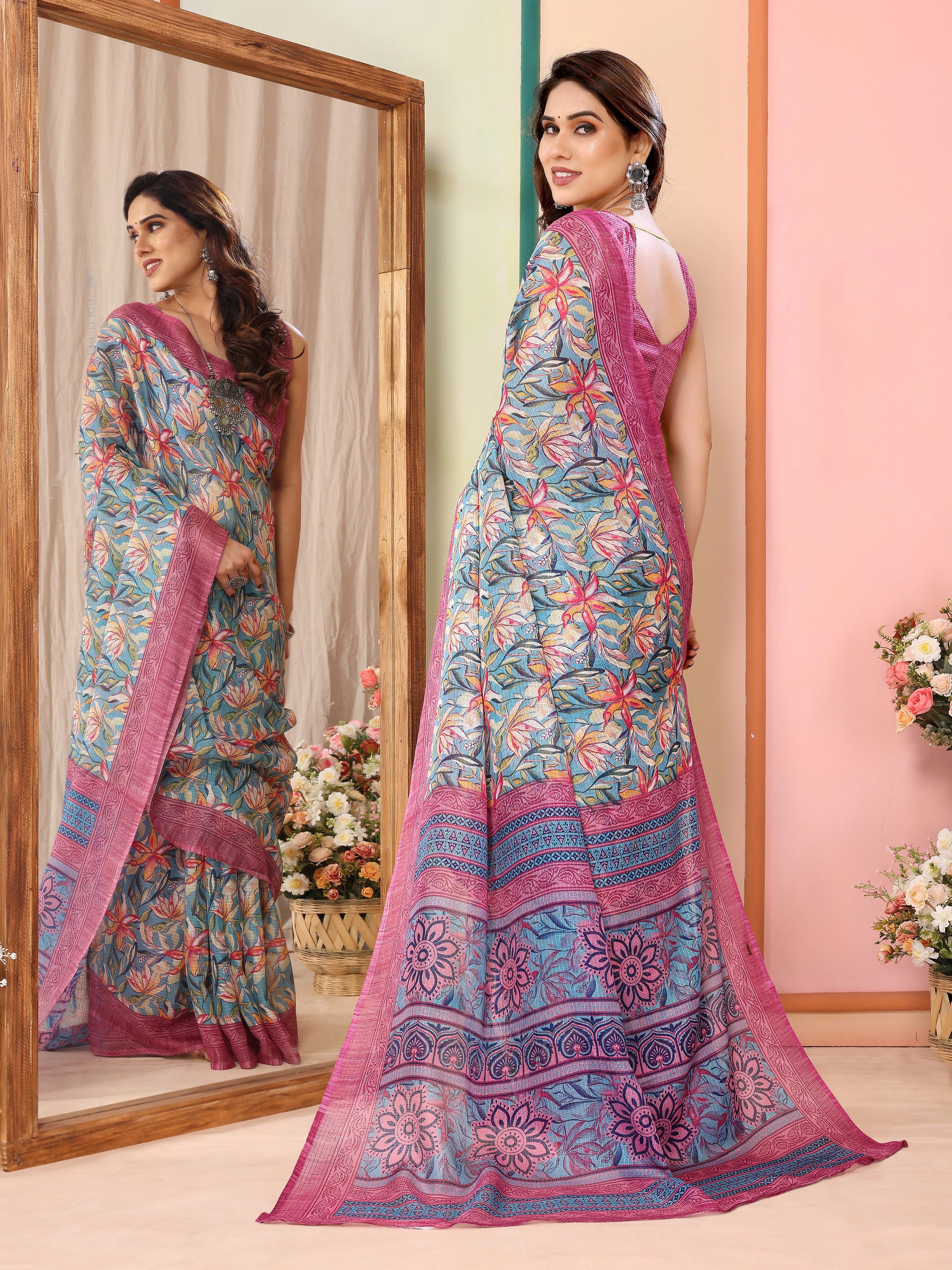 SHYAMIKA Kota Doriya Flower Printed Saree with Blouse