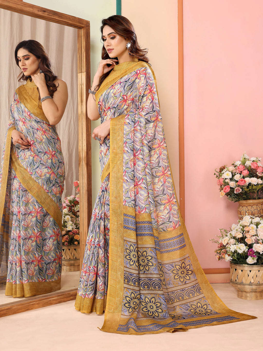 SHYAMIKA Kota Doriya Flower Printed Saree with Blouse