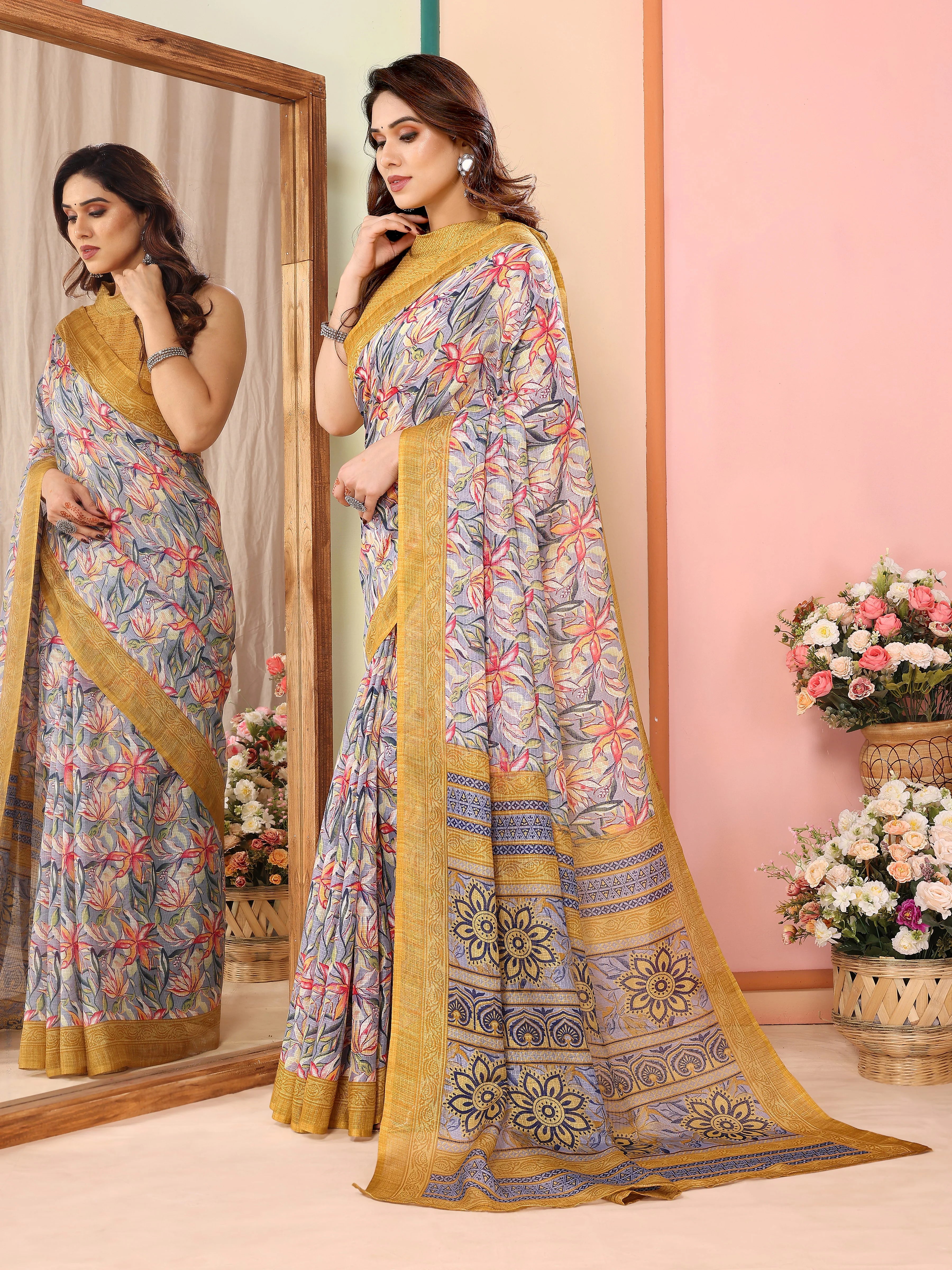 SHYAMIKA Kota Doriya Flower Printed Saree with Blouse