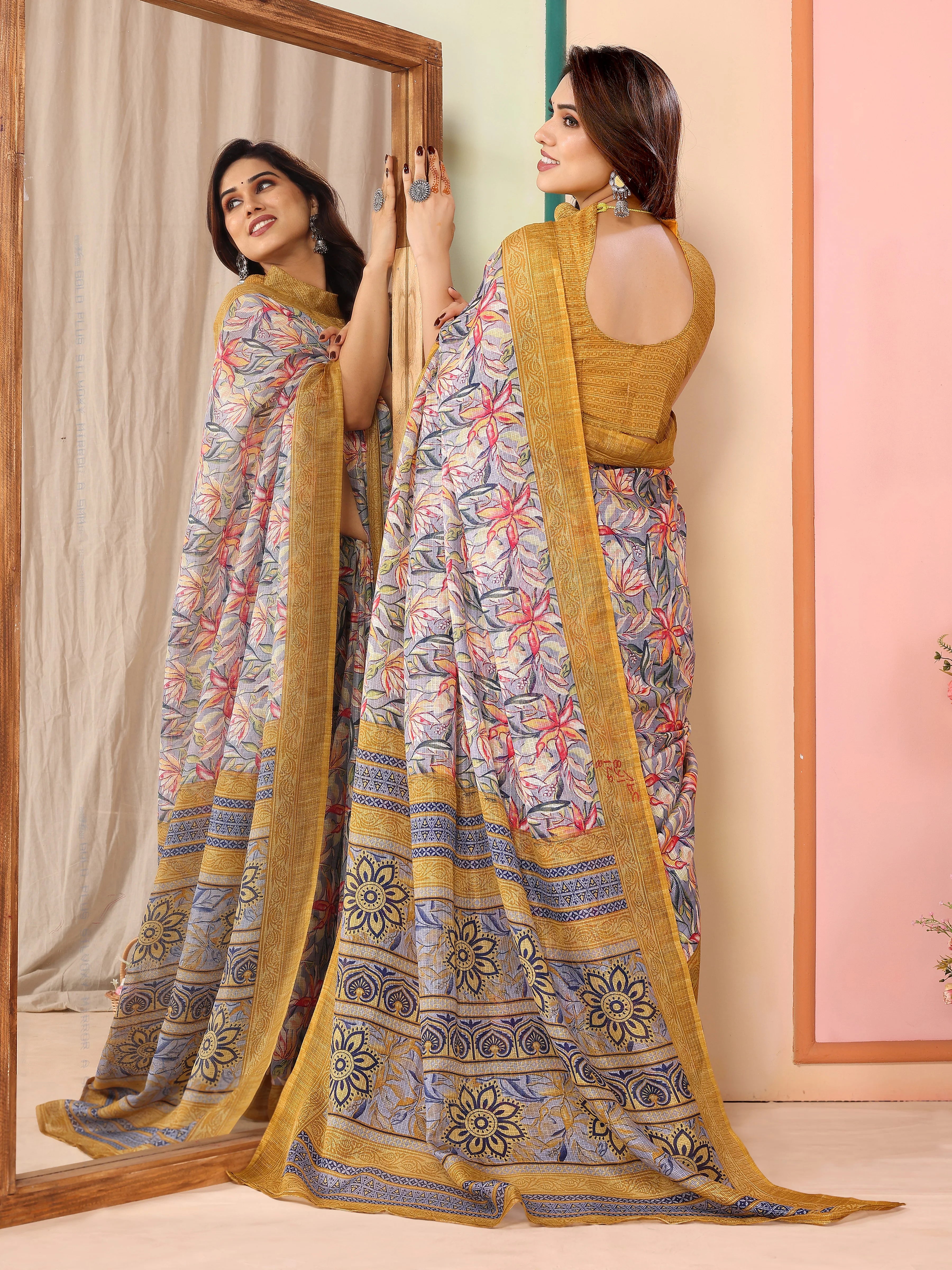 SHYAMIKA Kota Doriya Flower Printed Saree with Blouse