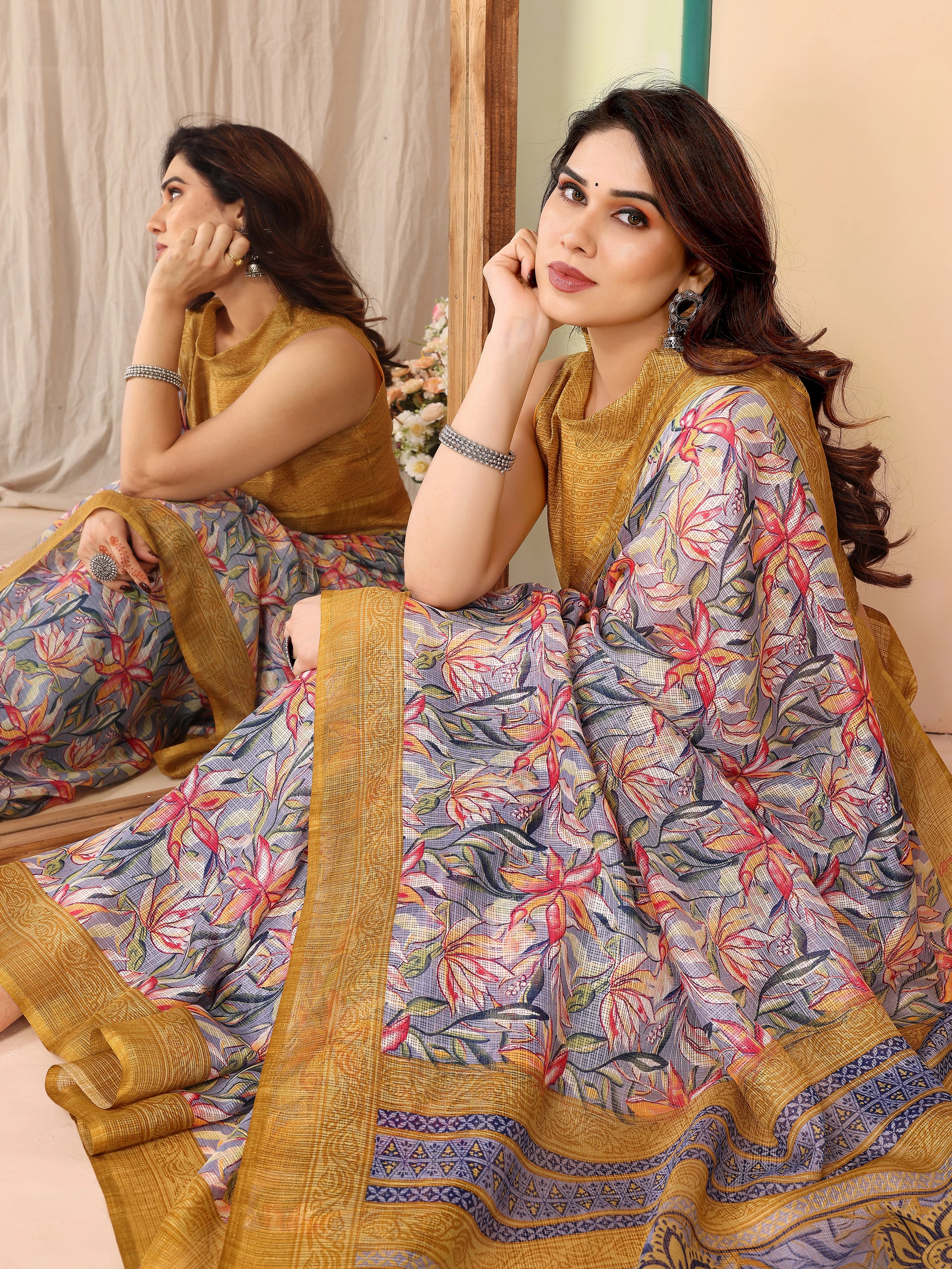 SHYAMIKA Kota Doriya Flower Printed Saree with Blouse