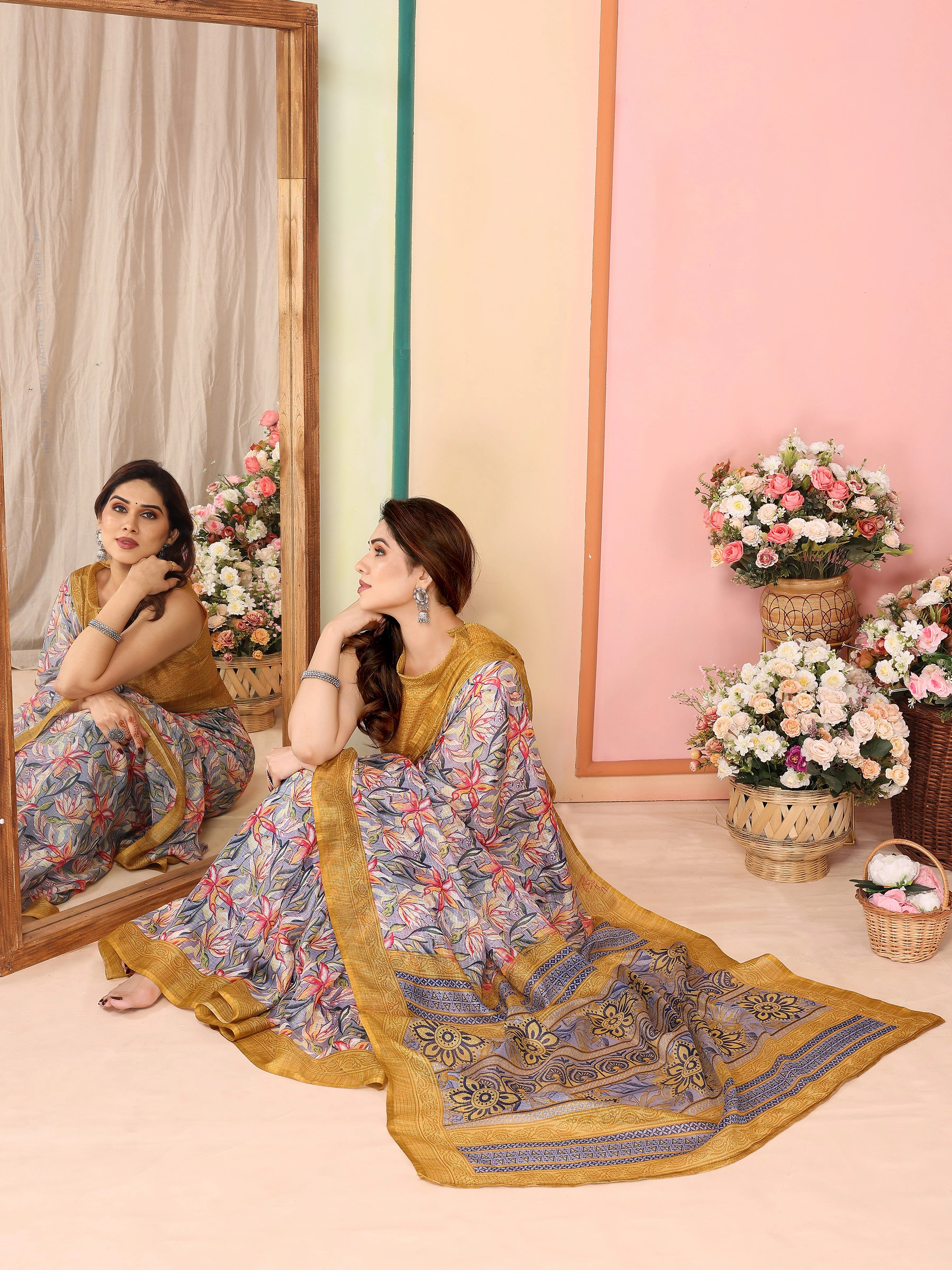 SHYAMIKA Kota Doriya Flower Printed Saree with Blouse