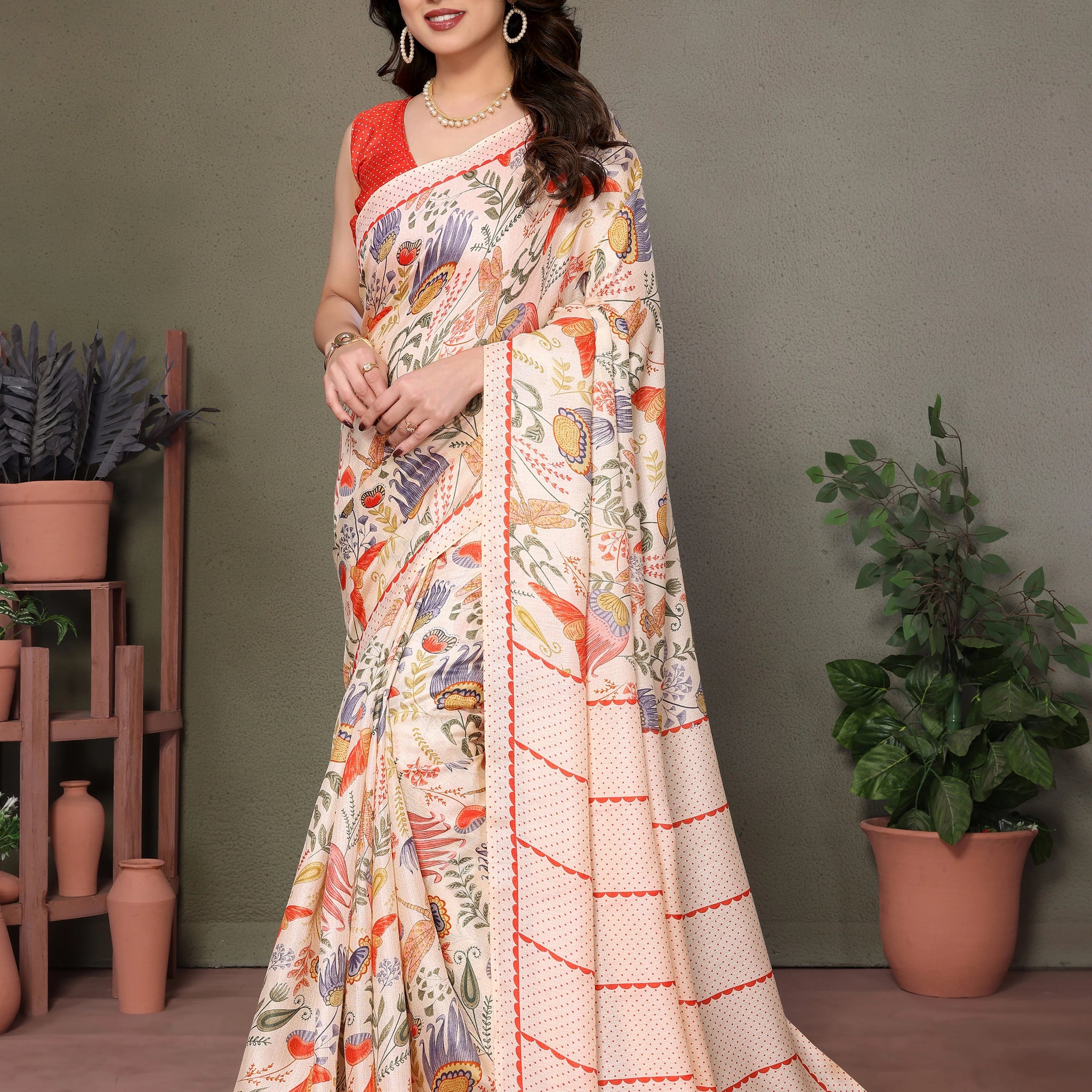 SHYAMIKA Khadi Mix Flower Printed Saree with Blouse