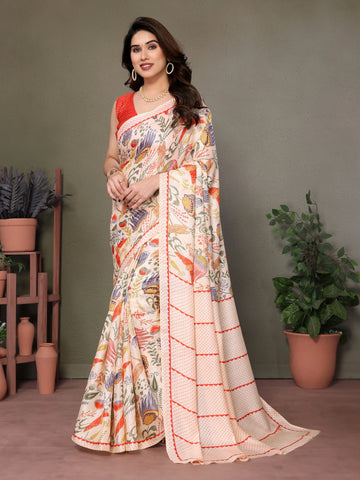 SHYAMIKA Khadi Mix Flower Printed Saree with Blouse